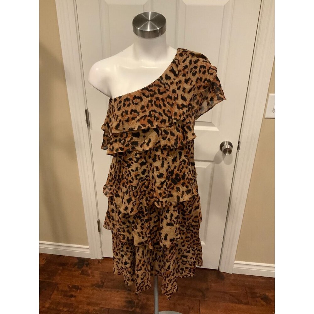 Rachel Zoe Leopard Print Silk Ruffled Tiered One Shoulder Dress, Size 4